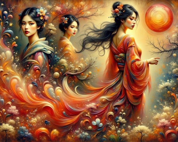 Elegant Women in Vibrant Garments Amidst Dreamlike Landscape