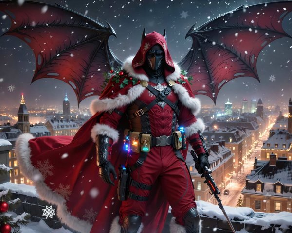 Detailed Batman in Santa Costume on Snowy Rooftop