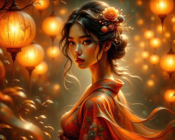 Young woman in orange kimono among glowing lanterns