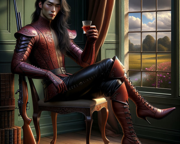 Young man in red leather jacket and stiletto boots