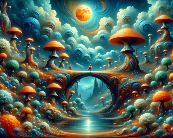 Surreal Landscape with Vibrant Foliage and Mushrooms