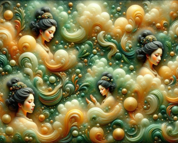 Intricate Colorful Abstract Design with Ethereal Figures