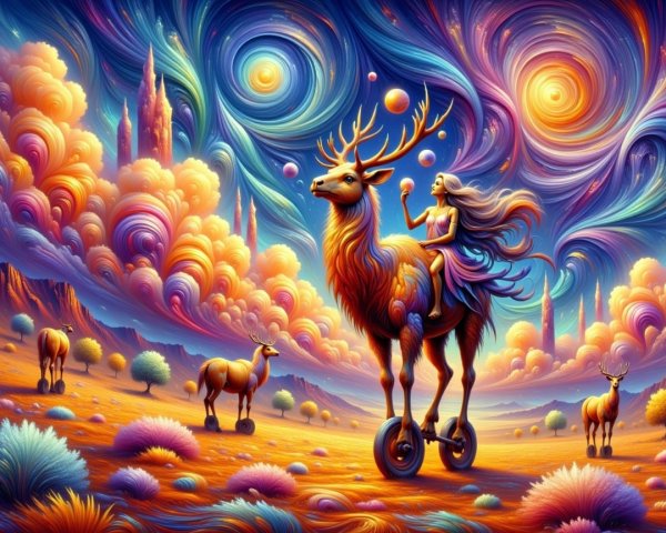 Surreal Landscape with Deer and Young Woman on Wheels