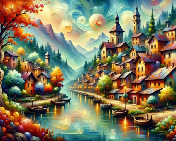 Vibrant Riverside Village with Autumn Landscape