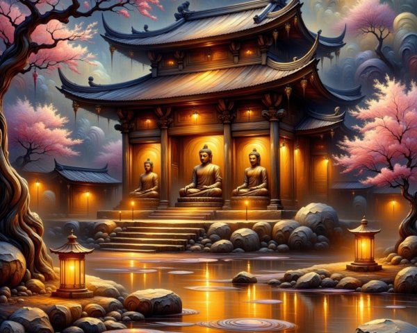 Serene landscape with temple, Buddha statues, and blossoms