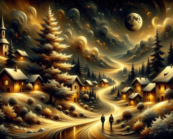 Digital Painting of a Magical Winter Village at Night