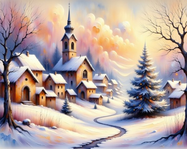 Winter Village Scene with Snow and Dawn Colors