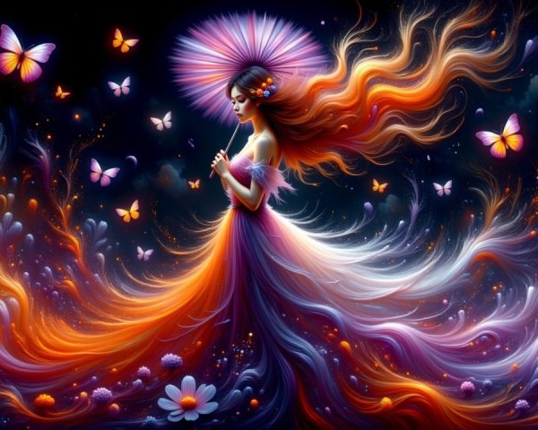 Mystical figure in gown with cosmic backdrop and butterflies