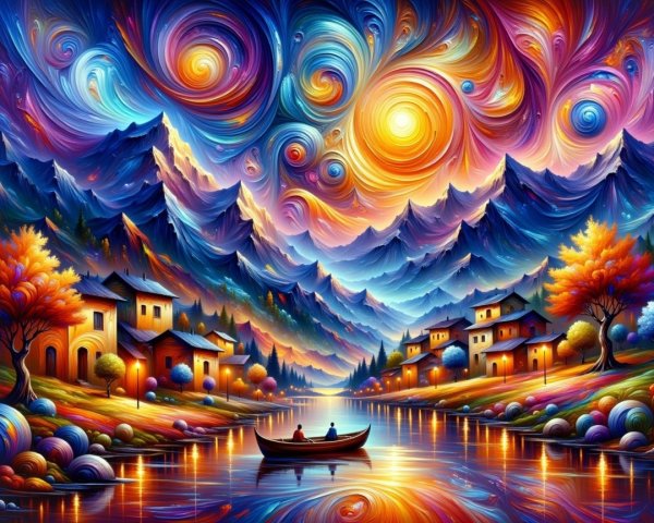 Vivid Mountain Landscape with Colorful Skies and River