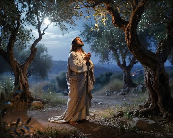 Barefoot figure in white robe among olive trees at night