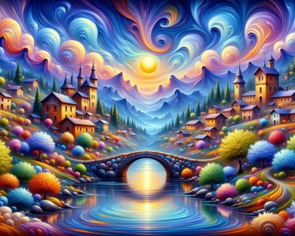 Vibrant Whimsical Landscape with Colorful Skies