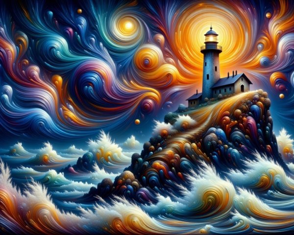 Surreal Digital Painting of Lighthouse and Vibrant Landscape