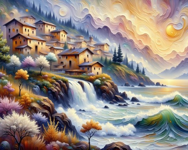 Vibrant Village Landscape with Cliffs and Waterfalls