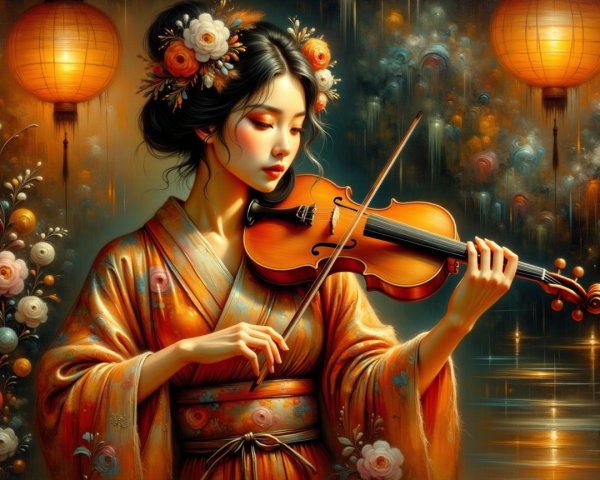 Young Woman in Kimono Playing Violin with Lanterns