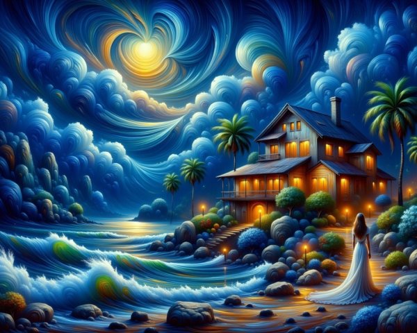 Cozy seaside house under vibrant night sky landscape