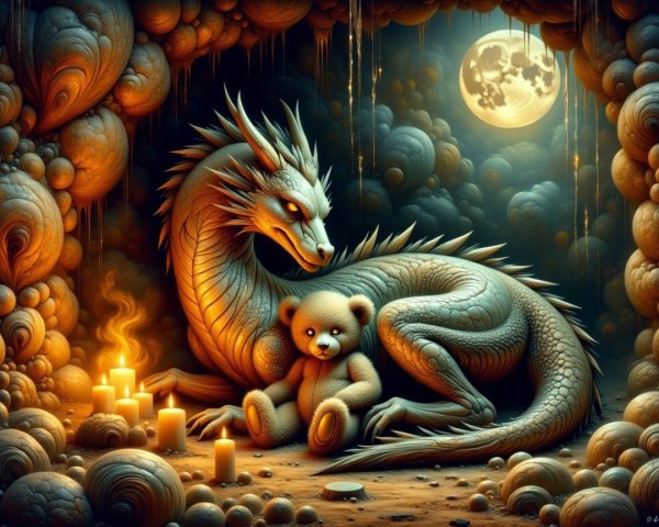 Dragon Protectively Curls Around Teddy Bear in Cave