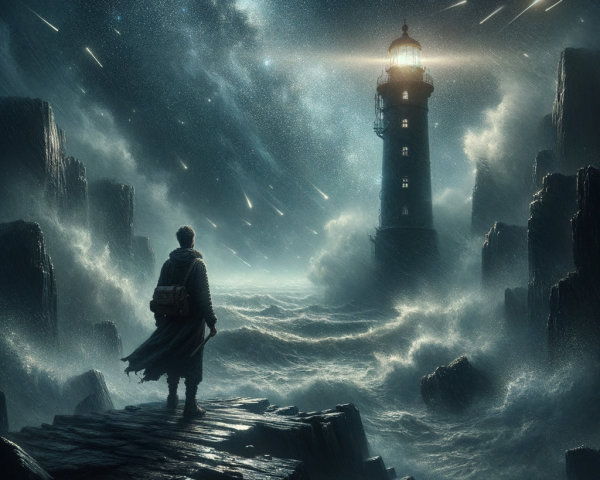 Adventurer Contemplating Lighthouse Under Starry Sky