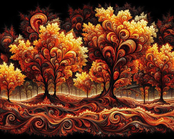 Psychedelic Fractal Landscape with Stylized Trees
