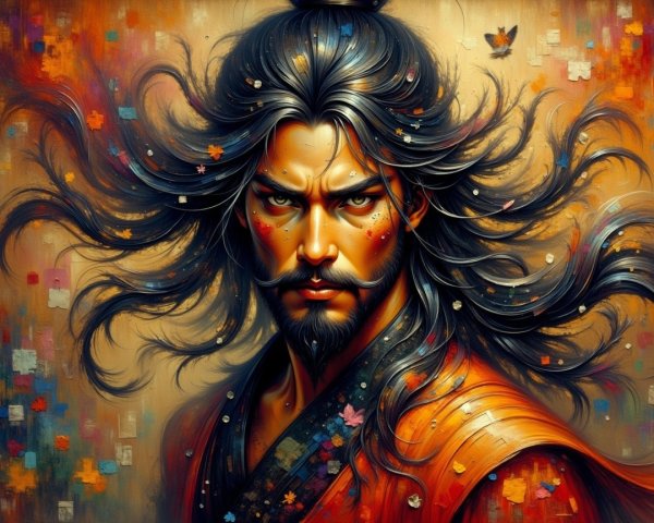 Portrait of a warrior in vibrant orange and black robe