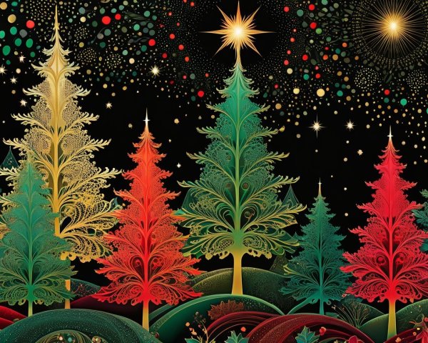 Ornate Golden Christmas Tree Illustration on Hillside