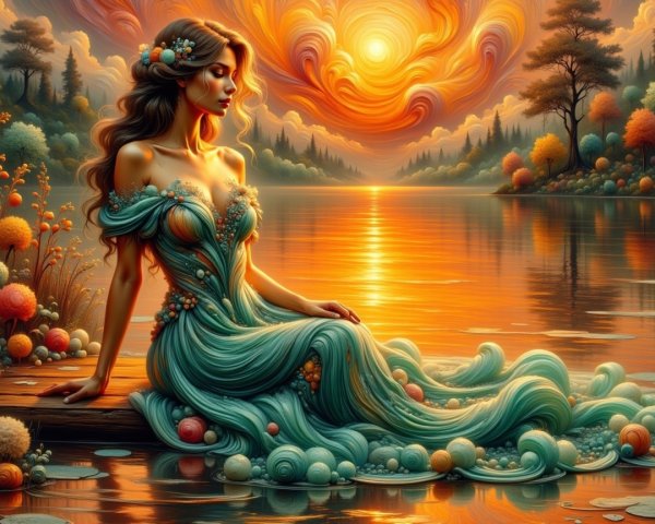 Woman by Tranquil Lake at Sunset with Floral Dress
