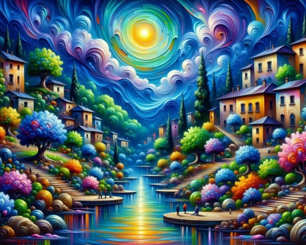 Vibrant Landscape with River and Quaint Houses