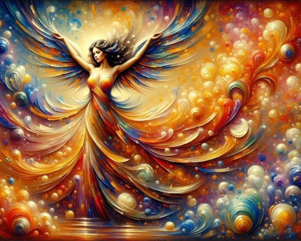 Ethereal Figure in Colorful Swirl of Patterns