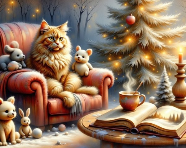 Ginger Cat in Cozy Winter Scene with Christmas Decor