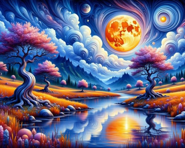 Vibrant landscape with glowing moon and colorful sky
