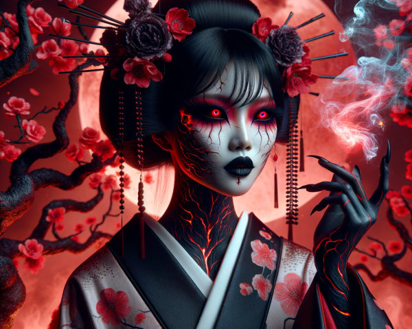 Close-Up of a Scary Geisha with Magma Under Skin