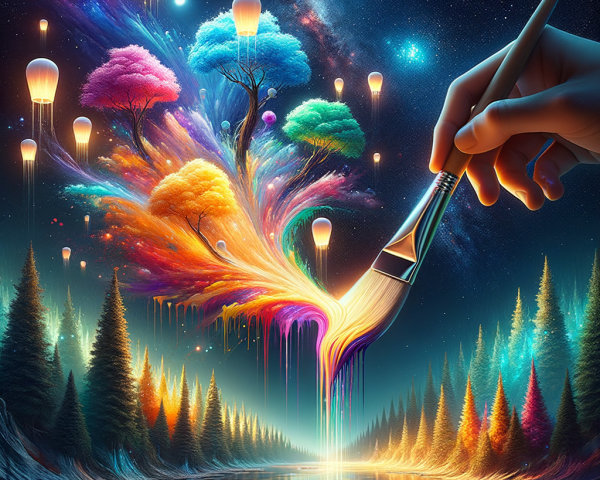 Surreal Night Landscape with Colorful Paint and Trees