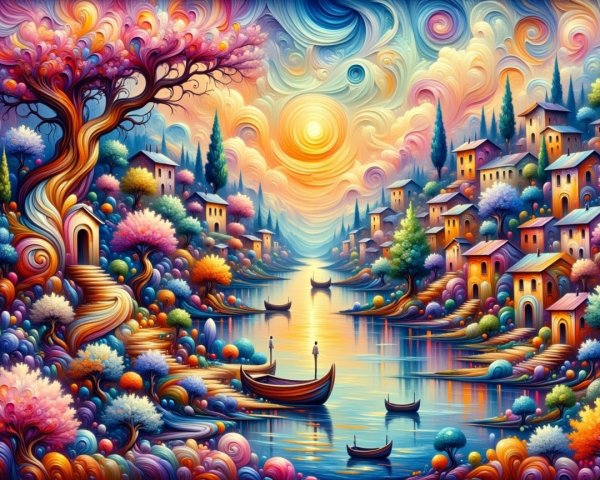 Vibrant Landscape with Serene River and Whimsical Houses