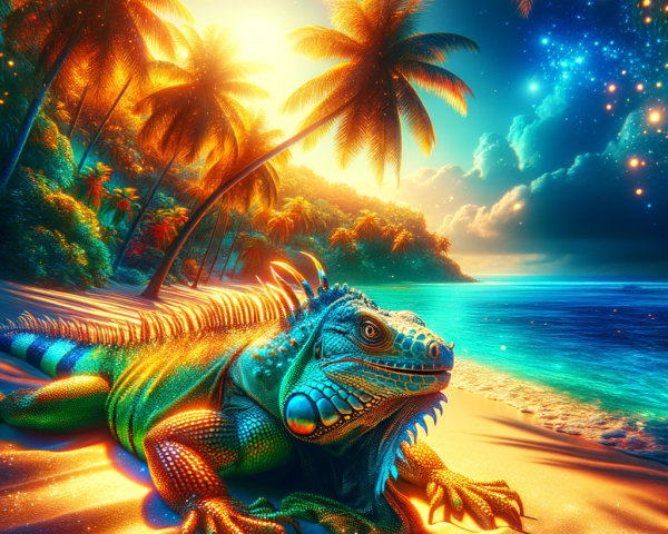 Bioluminescent Iguana on Tropical Beach with Vibrant Scales