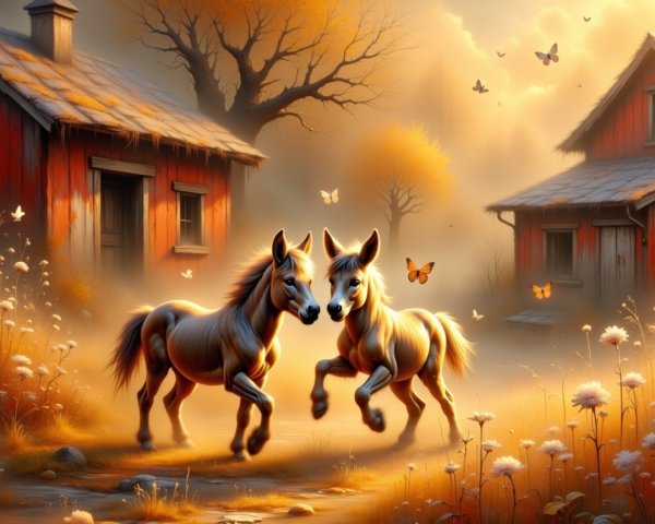 Horses in Rustic Cottage Landscape with Wildflowers