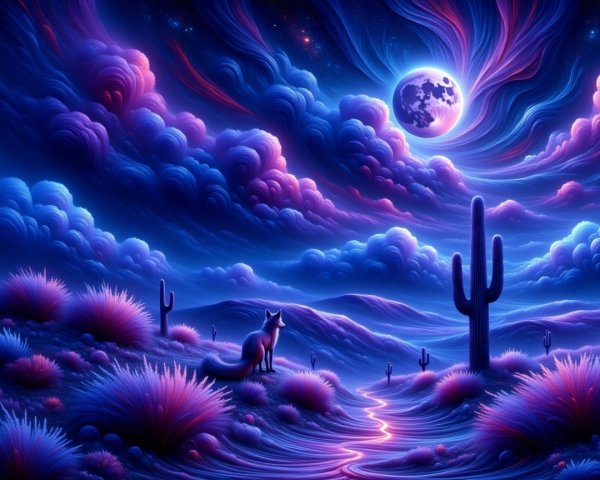 Surreal Landscape with Vibrant Clouds and Cacti