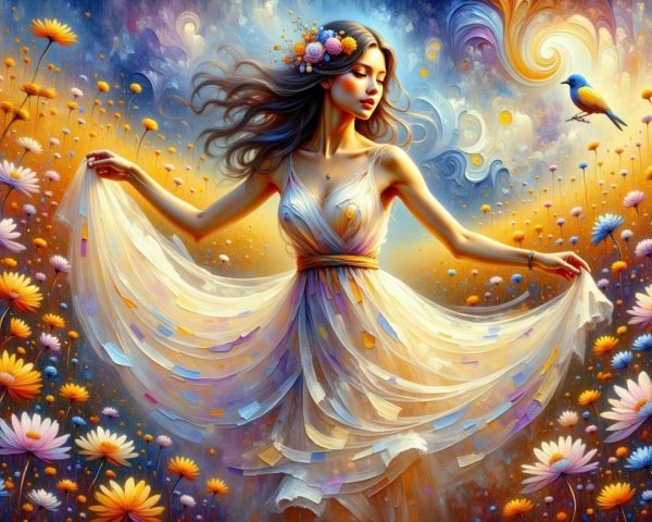 Ethereal Dance of a Woman in a Flower Field