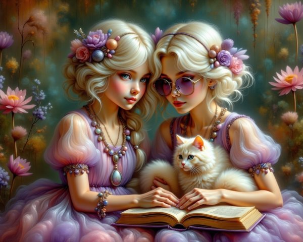 Enchanting Girls in Purple Gowns with a White Cat