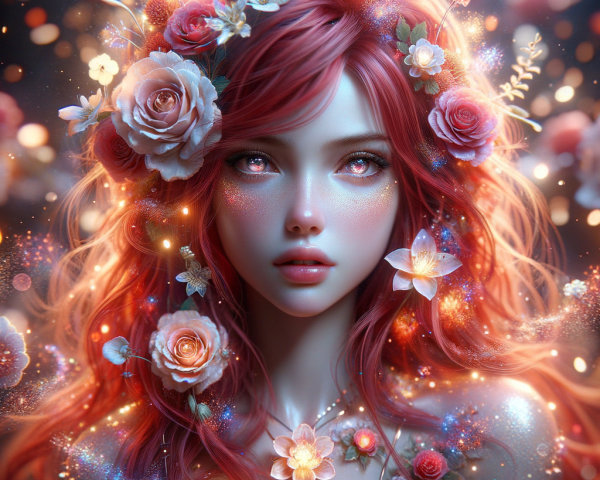 Close-up of a fairy woman with pinkish-red hair