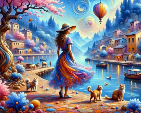 Whimsical Riverbank Scene with Colorful Elements