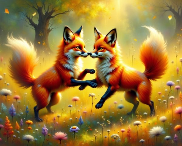 Playful foxes dancing in a vibrant flower meadow