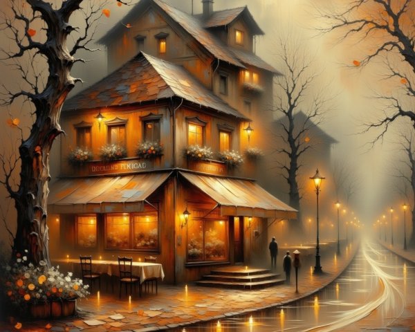 Cozy Street Scene with Illuminated Café in Autumn