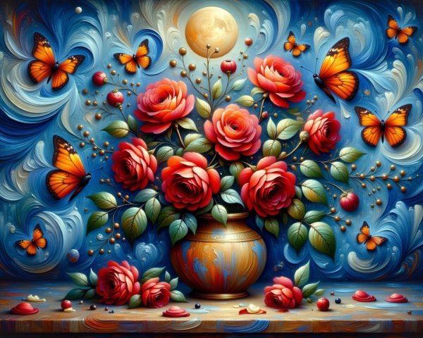 Vibrant Still Life of Red Roses in Ornate Vase