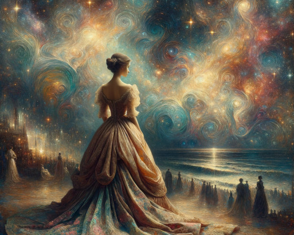 Victorian-era woman in ballgown by shimmering water