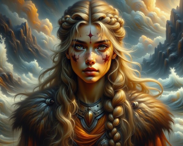 Fierce warrior woman in mythical landscape with armor
