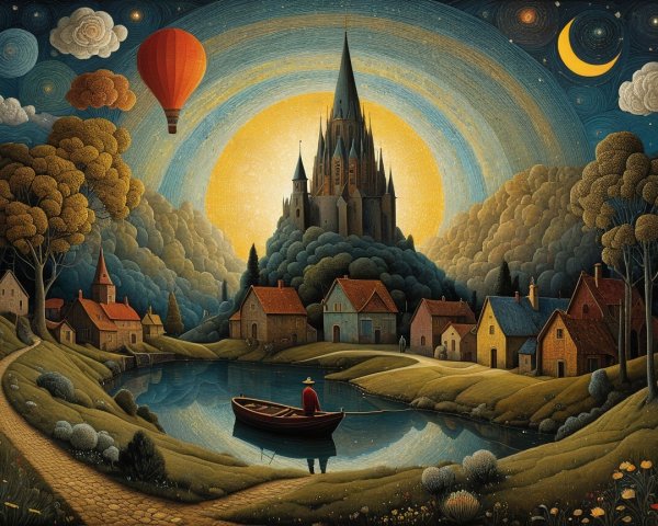 Colorful Fantasy Landscape with Grand Castle and Lake