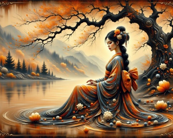 Woman in Kimono by Tranquil Autumn Lake Scene