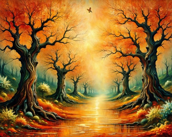 Vibrant Autumn Landscape with Twisted Trees and River