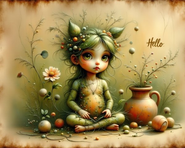 Whimsical Scene of a Girl with Green Hair and Plants