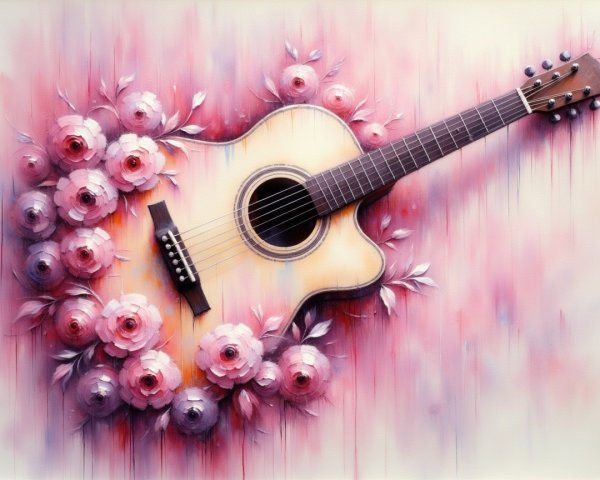 Acoustic Guitar Surrounded by Pink and White Roses