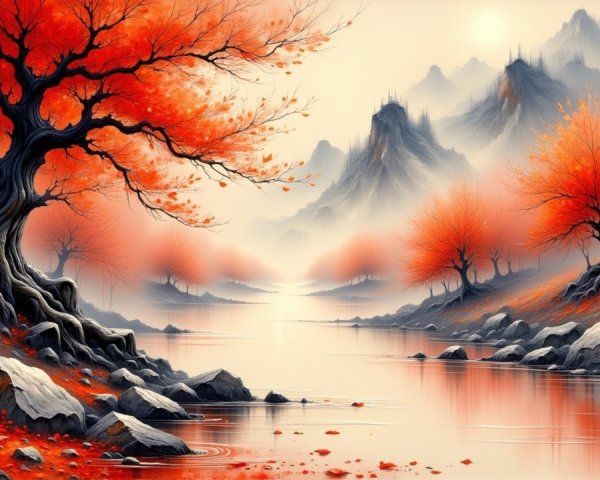 Tranquil River and Autumn Foliage Landscape Scene